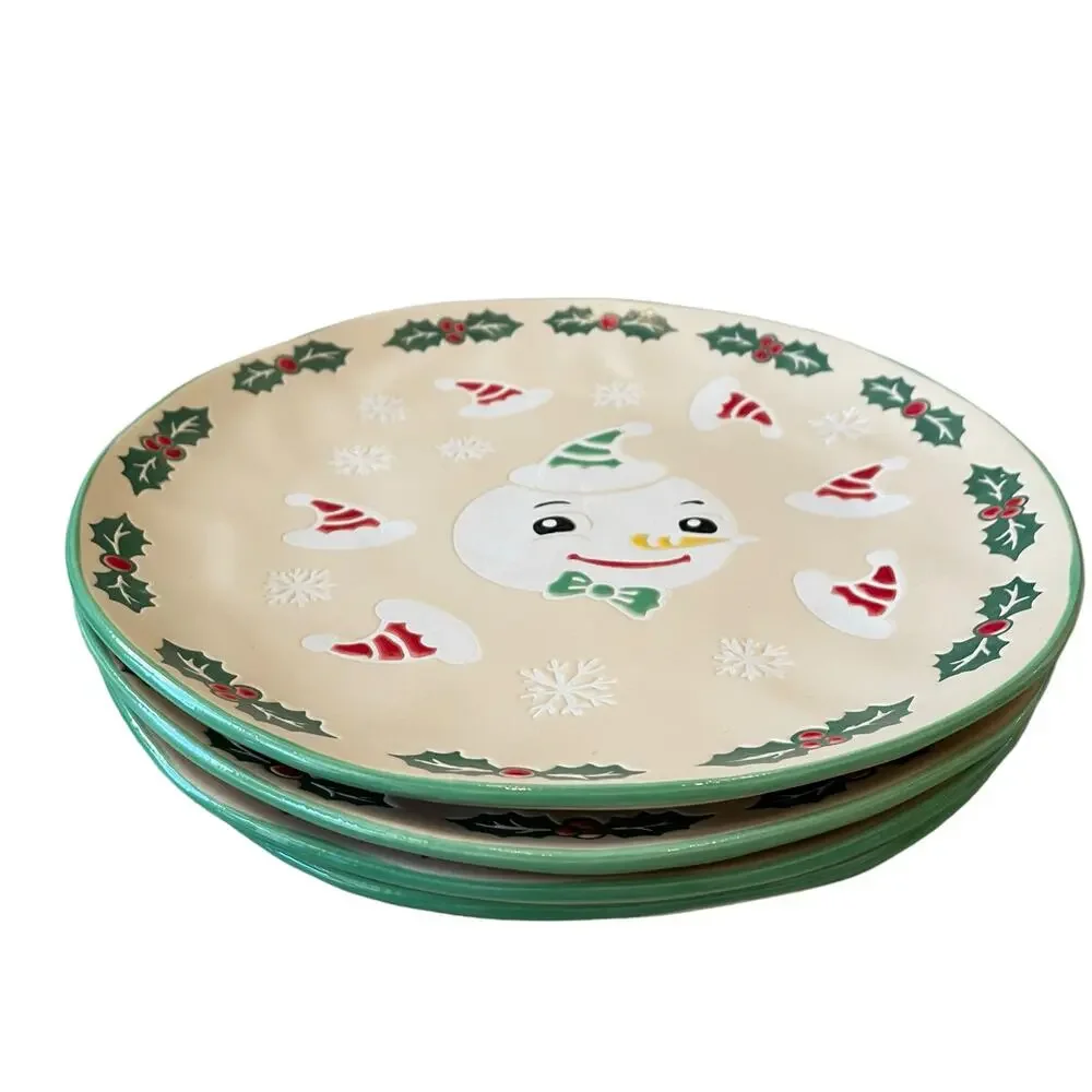 ELI + ANA Christmas VINTAGE SNOWMAN Dinner Plate 11in Set of 4 Ceramic New